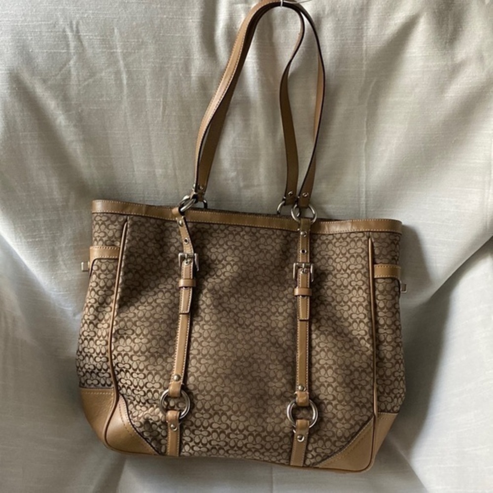 Coach Signature Gallery Jacquard Tan Canvas Tote With Leather Trim (authentic)